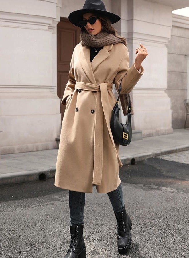 HOTIAN Women's Winter Wool Blend Coat Double Breasted Casual Notch Lapel Long Trench Overcoat Peacoat, Khaki, XL - Image 3