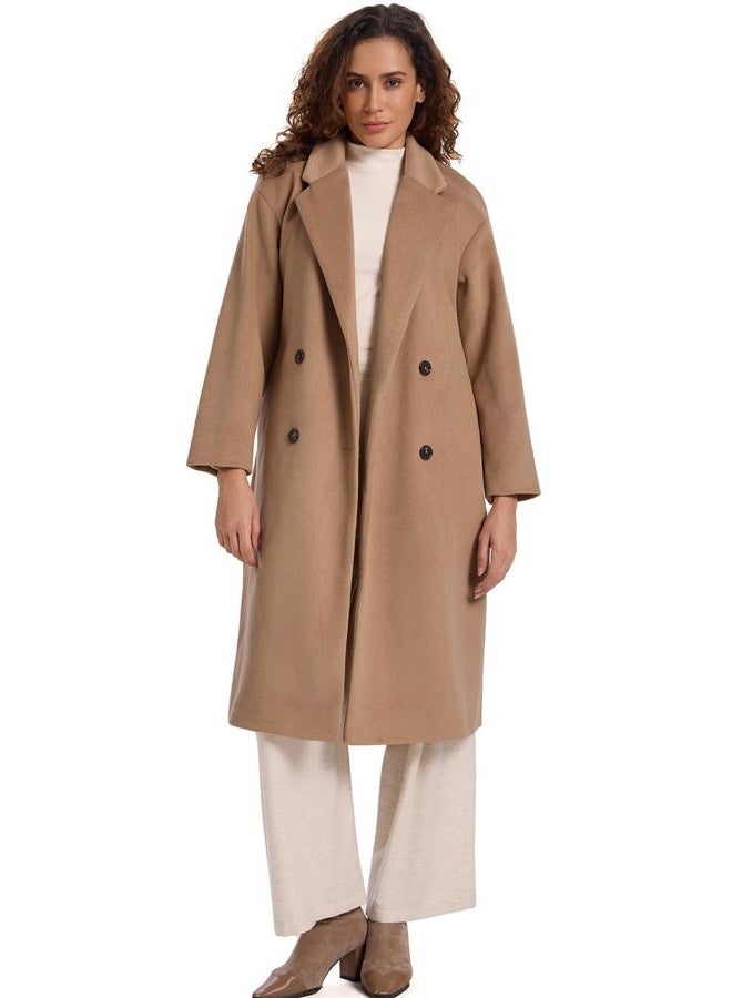 HOTIAN Women's Winter Wool Blend Coat Double Breasted Casual Notch Lapel Long Trench Overcoat Peacoat, Khaki, XL - Image 4