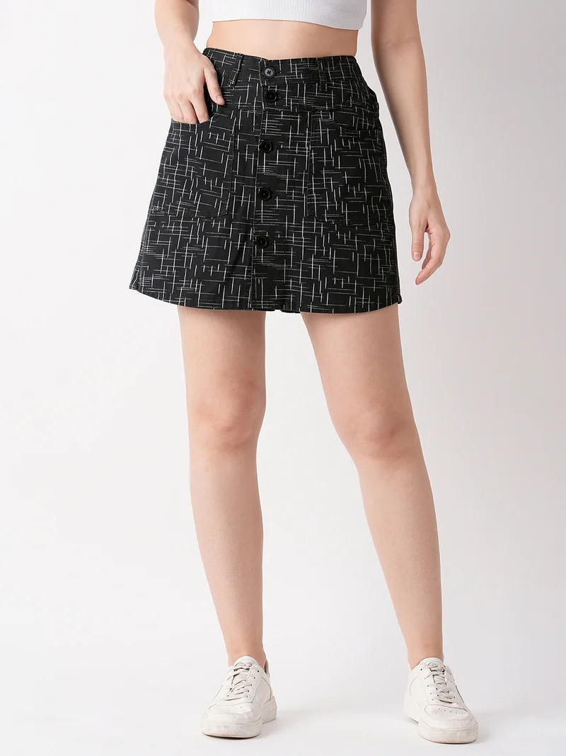 globus Women Black Slim Fit Abstract Printed Pure Cotton A-Line Skorts