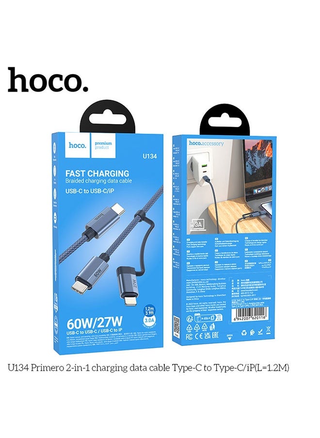 hoco. U134 Primero 2-in-1 charging data cable Type-C to Type-C/iP(L=1.2M)  - Image 5