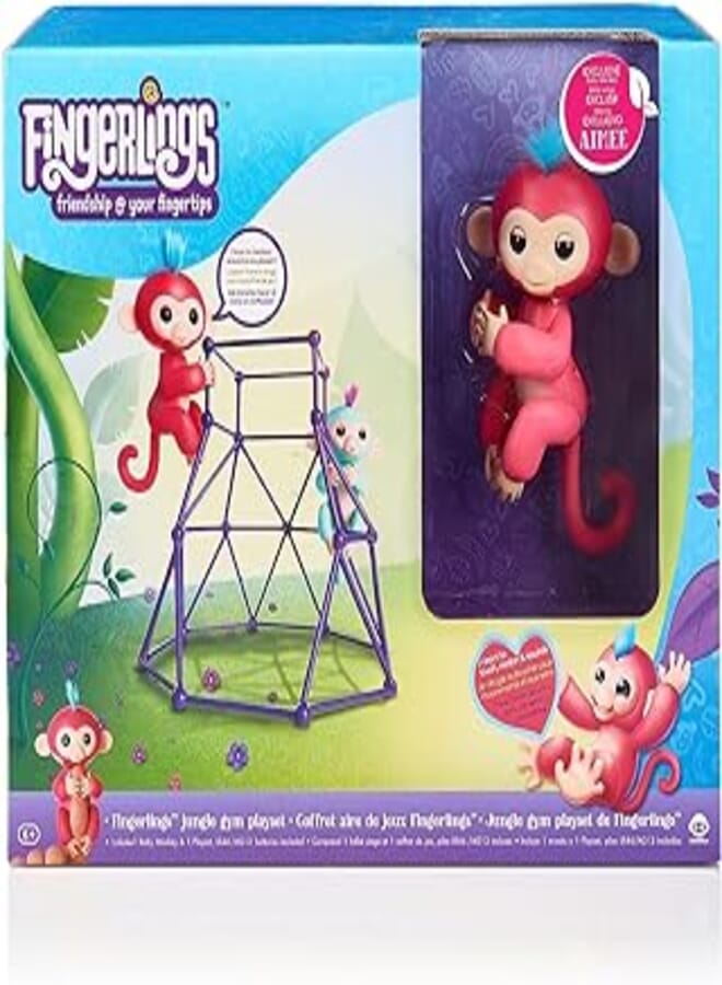 Fingerlings - Jungle Gym Playset + Interactive Baby Monkey Aimee (Coral Pink with Blue Hair)