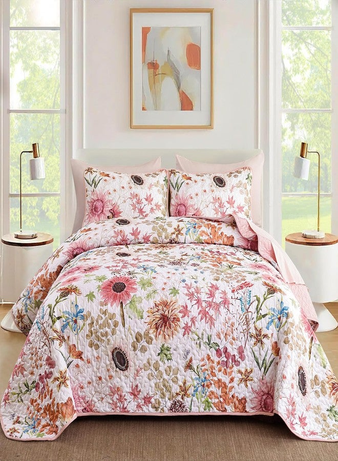 Yiran Pink Floral Quilts Queen Size, Sunflower Botanical Bedspread Bedding Set, 3 Pieces Colorful Soft Lightweight Microfiber Coverlet with 2 Pillow Shams for All Season 96x90 Inch - Image 1