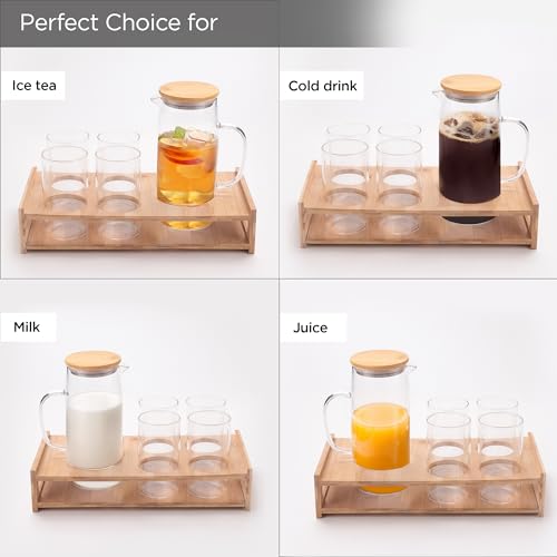 UMAI Glass Jug Set with Bamboo Tray and 4 Water Glasses | Glass Jug with Bamboo Lid - 950ml | 4 Water Glass - 330ml Each |Designer Jugs & Cups Set | Housewarming/Diwali Gift - Image 4
