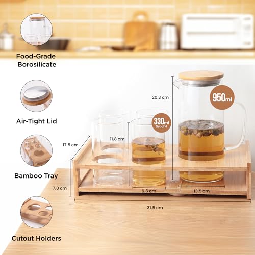 UMAI Glass Jug Set with Bamboo Tray and 4 Water Glasses | Glass Jug with Bamboo Lid - 950ml | 4 Water Glass - 330ml Each |Designer Jugs & Cups Set | Housewarming/Diwali Gift - Image 3
