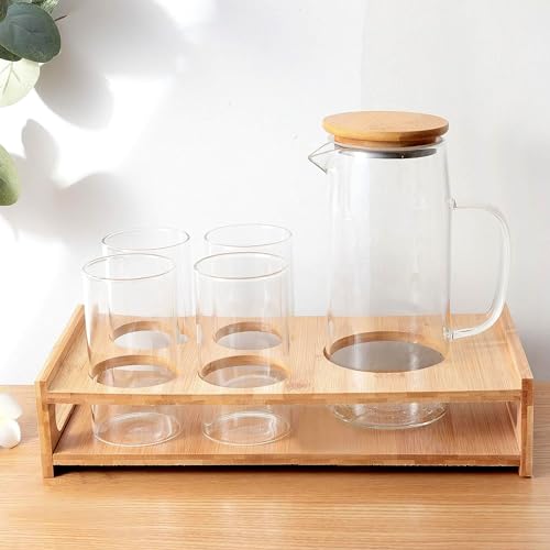 UMAI Glass Jug Set with Bamboo Tray and 4 Water Glasses | Glass Jug with Bamboo Lid - 950ml | 4 Water Glass - 330ml Each |Designer Jugs & Cups Set | Housewarming/Diwali Gift - Image 1