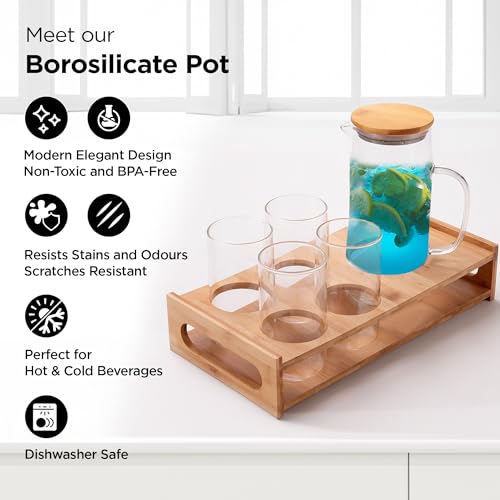 UMAI Glass Jug Set with Bamboo Tray and 4 Water Glasses | Glass Jug with Bamboo Lid - 950ml | 4 Water Glass - 330ml Each |Designer Jugs & Cups Set | Housewarming/Diwali Gift - Image 2