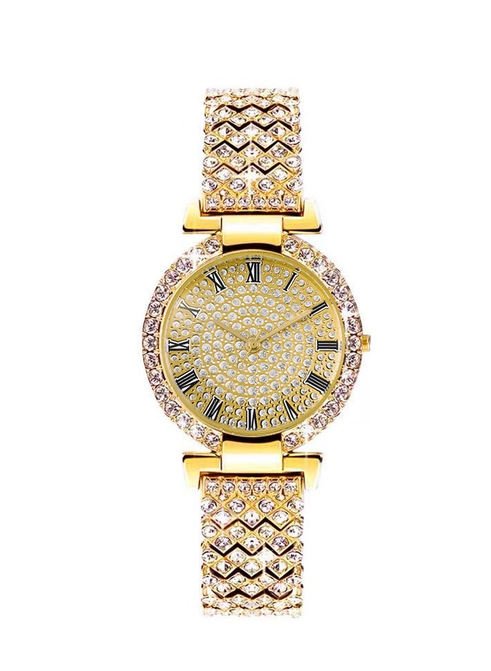 Full Diamond Roman Pattern Women's Watch Quartz Watch Women's Watch Bracelet Watch (Gold) - Image 1