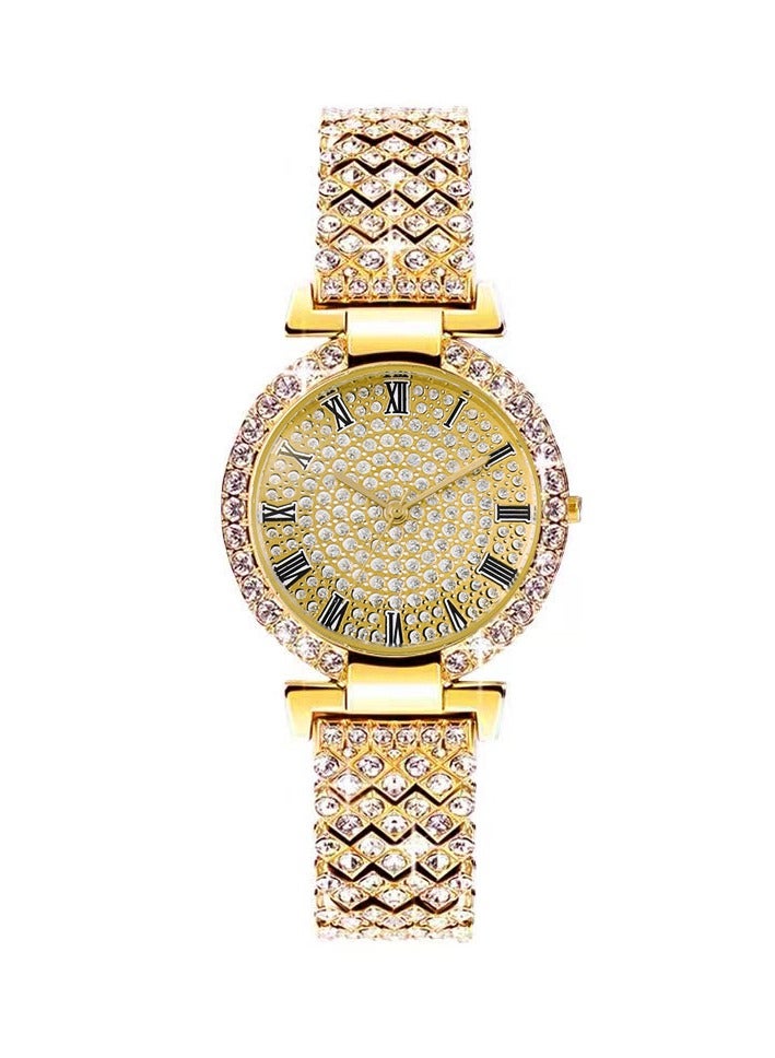 Full Diamond Roman Pattern Women's Watch Quartz Watch Women's Watch Bracelet Watch (Gold) - Image 2