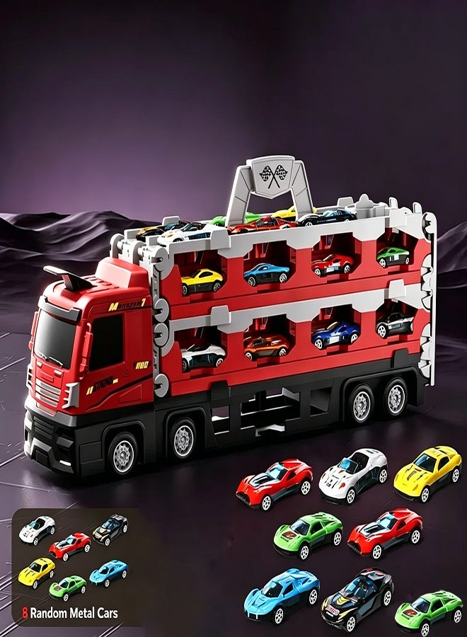 Wish Race Car Track Toy Truck Toddlers Toy with Slots & Foldable Race Tracks Transport Car Carrier Toy for Toddlers Cars Toy Set Container Truck Toy with 8 Alloy Cars Vehicles Toy Set for 3+ Kids Boys Girls - Image 1