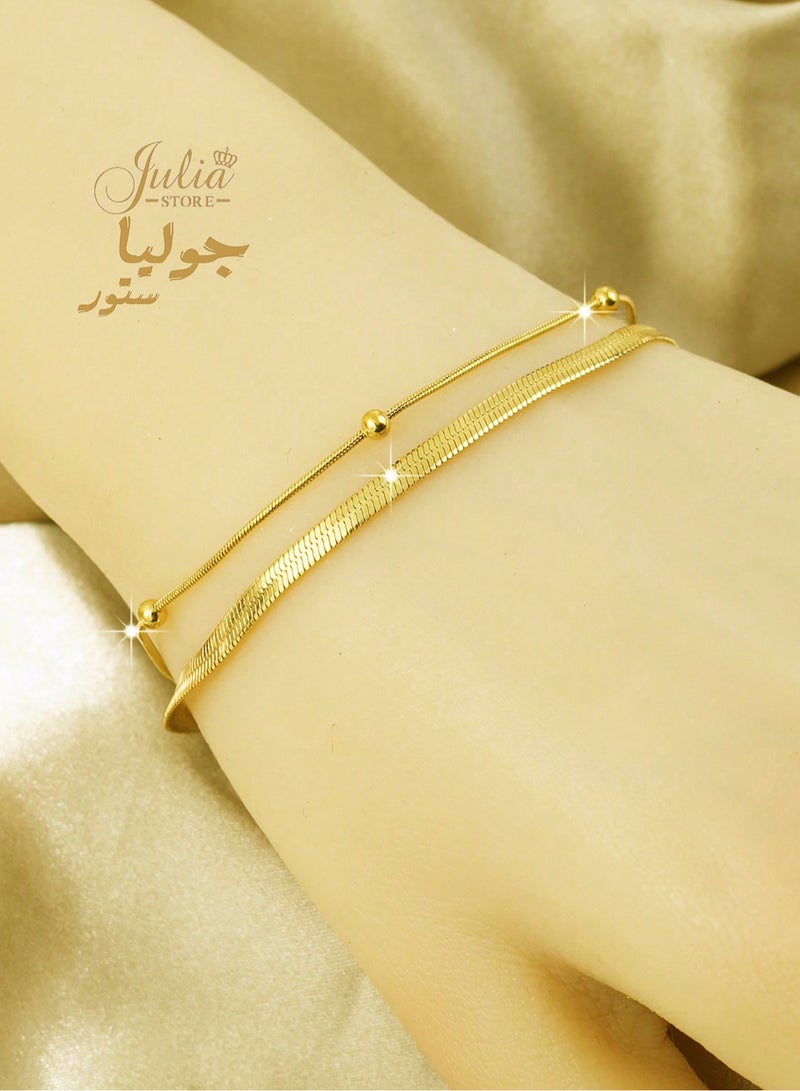 جوليا ستور سوار متعدد الطبقات من الفولاذ المقاوم للصدأ مطلي بالذهب عيار 18 قيراطًا على شكل ثعبان متعرج أنيق وعصري بسيط من سلسلة ثعبان - Image 2