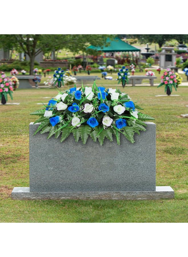 LVXINLI Cemetery Headstone Flower Saddle-Outdoor Grave Decorations，Blue and White Rose Memorial Day Flowers for gravesite (Blue and White) - Image 2