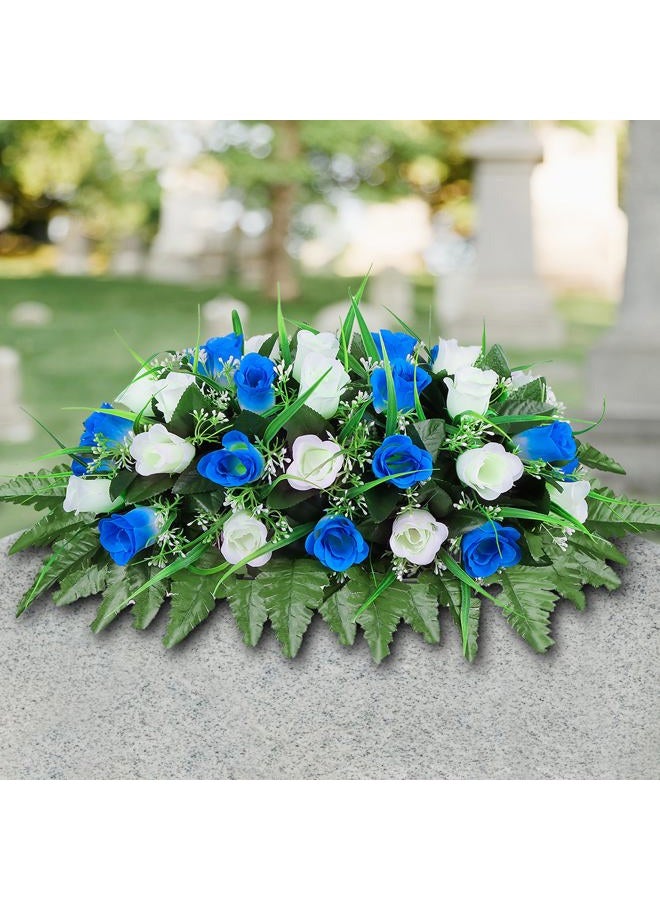 LVXINLI Cemetery Headstone Flower Saddle-Outdoor Grave Decorations，Blue and White Rose Memorial Day Flowers for gravesite (Blue and White) - Image 3