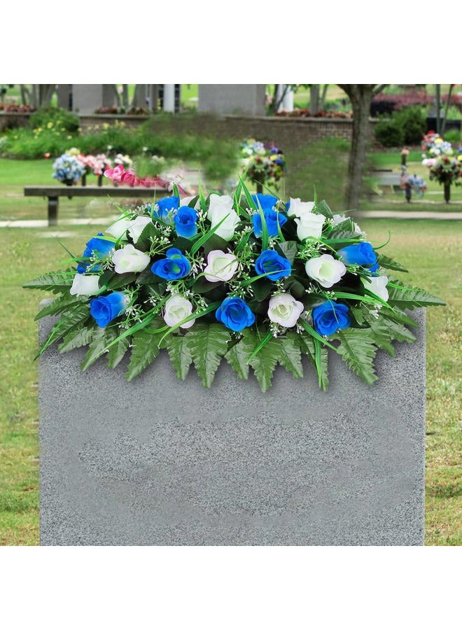 LVXINLI Cemetery Headstone Flower Saddle-Outdoor Grave Decorations，Blue and White Rose Memorial Day Flowers for gravesite (Blue and White) - Image 1