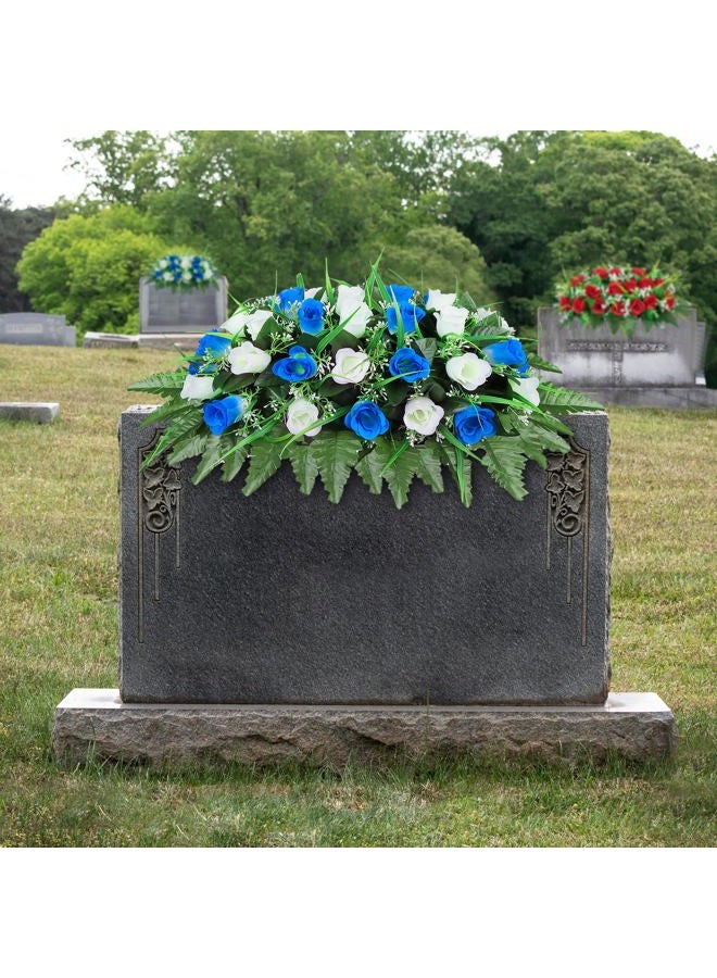 LVXINLI Cemetery Headstone Flower Saddle-Outdoor Grave Decorations，Blue and White Rose Memorial Day Flowers for gravesite (Blue and White) - Image 4