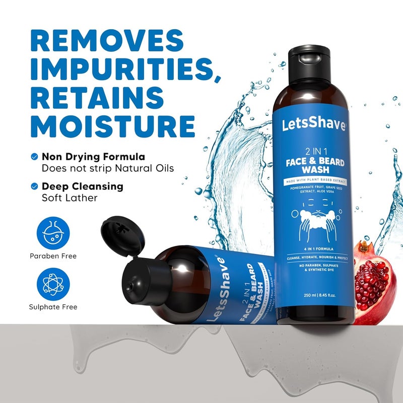 Letsshave 2in1 Face Beard Wash for Men 250ml Gentle Cleanser with Pomegranate Grape Seed Aloe Paraben SulphateFree Natural face wash for men 250ml - Image 3