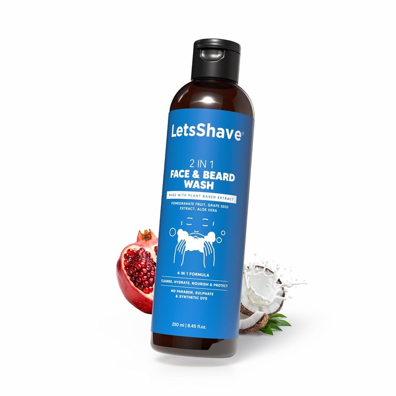Letsshave 2in1 Face Beard Wash for Men 250ml Gentle Cleanser with Pomegranate Grape Seed Aloe Paraben SulphateFree Natural face wash for men 250ml - Image 1