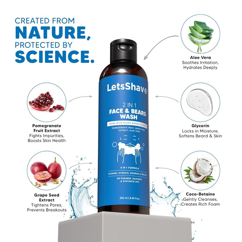 Letsshave 2in1 Face Beard Wash for Men 250ml Gentle Cleanser with Pomegranate Grape Seed Aloe Paraben SulphateFree Natural face wash for men 250ml - Image 5