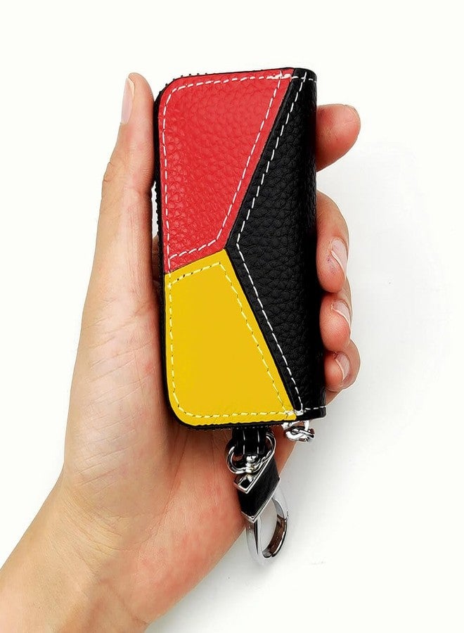 keyzone Unisex Mens Womens Premium Tricolor Pattern Leather Car Key Holder pouch Bag Keychain Case Wallet with Zipper Closure (Black-Red-Yellow) - Image 1