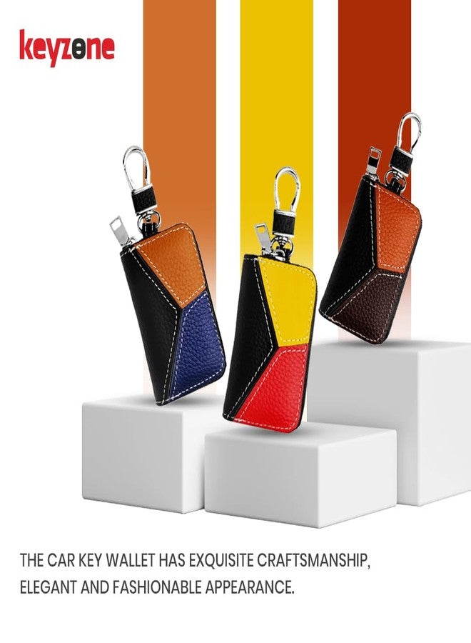 keyzone Unisex Mens Womens Premium Tricolor Pattern Leather Car Key Holder pouch Bag Keychain Case Wallet with Zipper Closure (Black-Red-Yellow) - Image 2