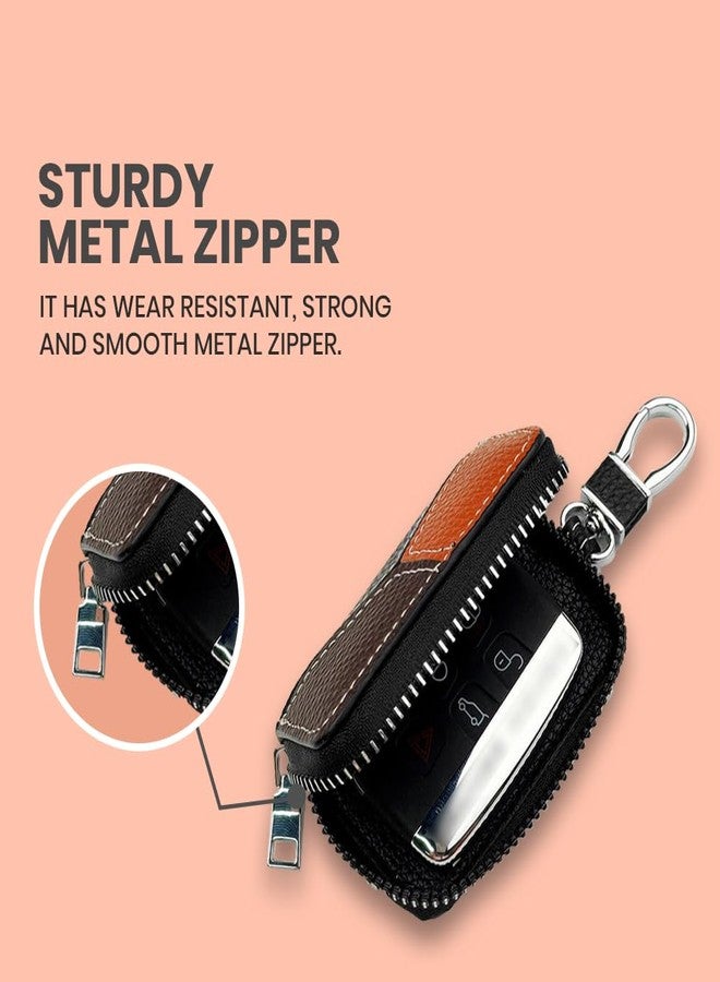 keyzone Unisex Mens Womens Premium Tricolor Pattern Leather Car Key Holder pouch Bag Keychain Case Wallet with Zipper Closure (Black-Red-Yellow) - Image 5