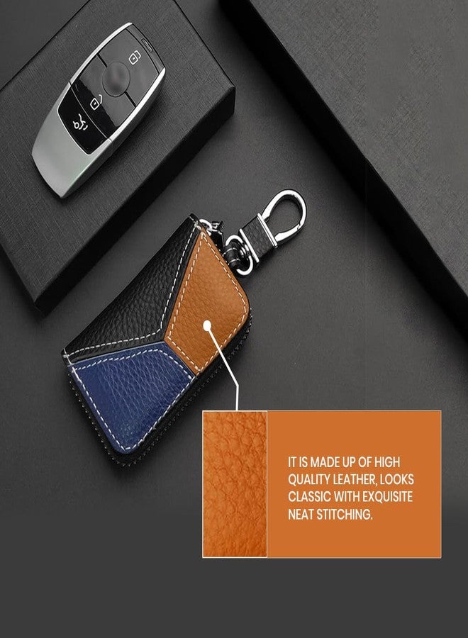 keyzone Unisex Mens Womens Premium Tricolor Pattern Leather Car Key Holder pouch Bag Keychain Case Wallet with Zipper Closure (Black-Red-Yellow) - Image 3