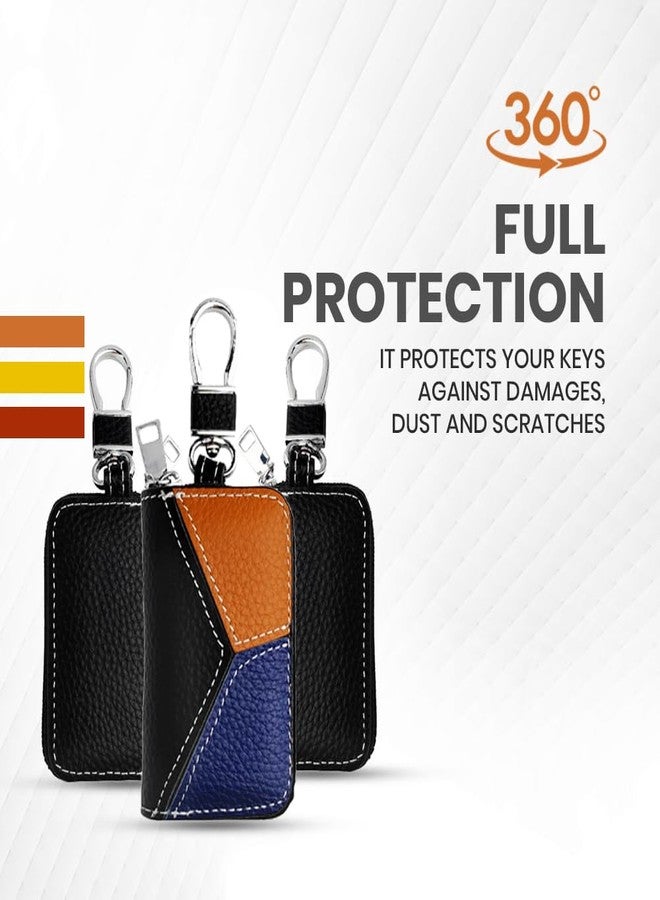 keyzone Unisex Mens Womens Premium Tricolor Pattern Leather Car Key Holder pouch Bag Keychain Case Wallet with Zipper Closure (Black-Red-Yellow) - Image 4