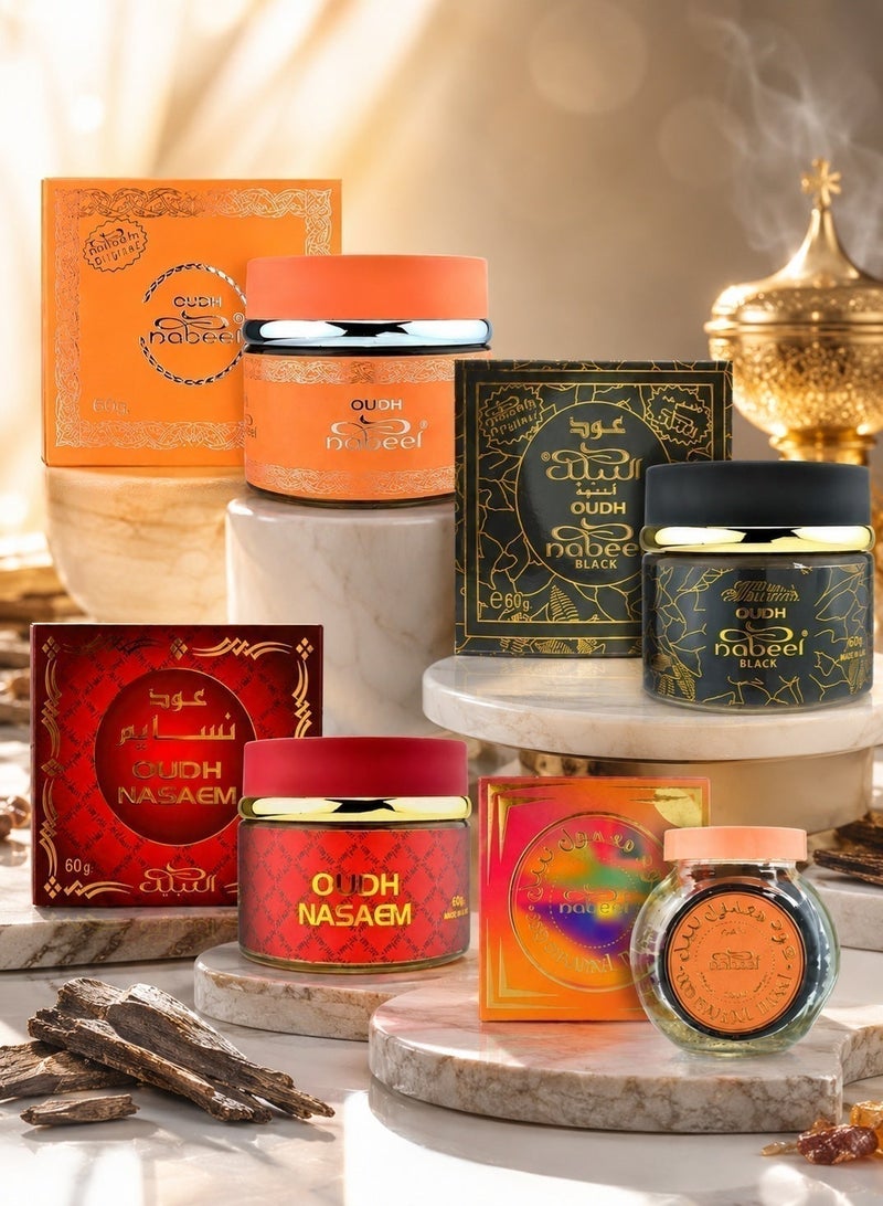 Nabeel Pack of 4 Ultimate Oudh Bakhoor Incense Collection Nasaem, Black, Nabeel & Mamul Luxurious Long-Lasting Arabic Home Fragrance - Image 3