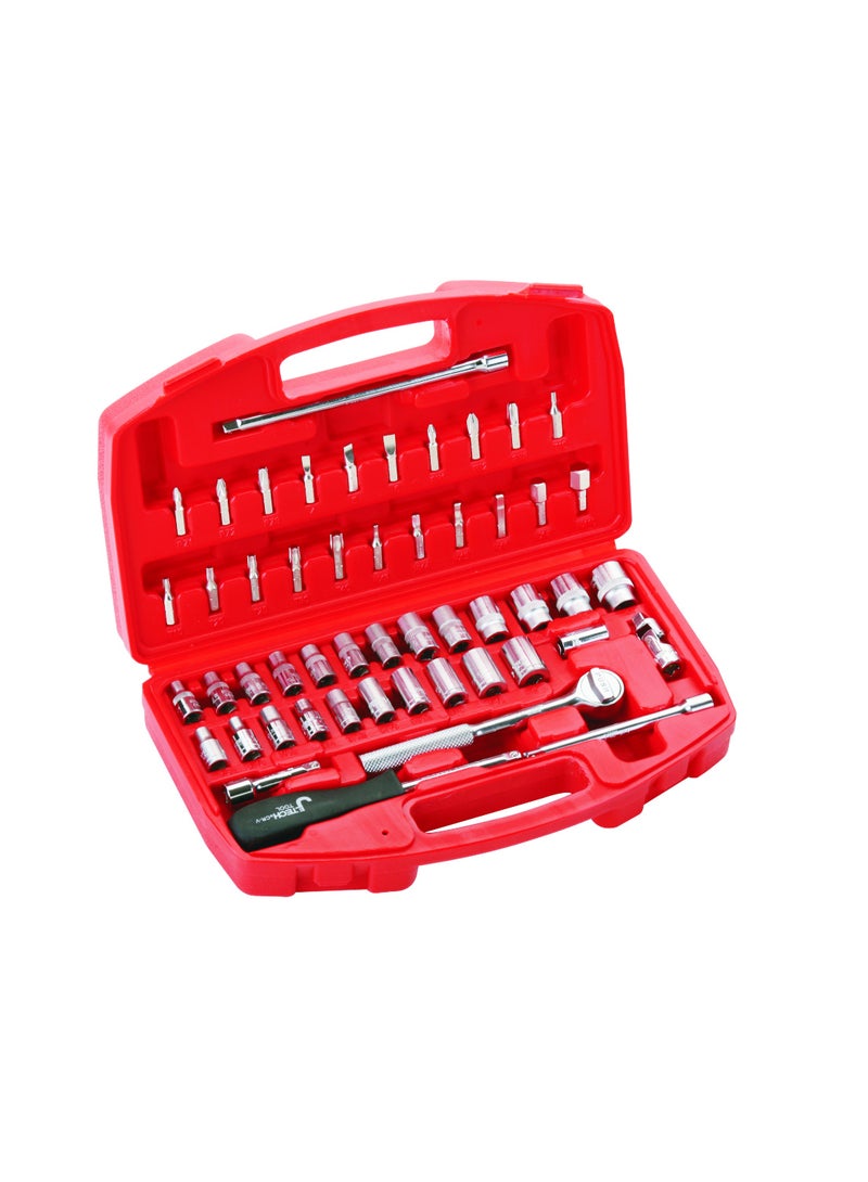 jetechtool مجموعة جتيك المكونة من 51 قطعة بمقاس 1/4 بوصة مع مفاتيح وصواميل، صواميل متري و SAE، تشمل (4–14 مم، 5/32″–1/2″)، قطع 25 مم، رافعة، ملحقات وحقيبة تخزين - SK1/4-51SP - Image 1