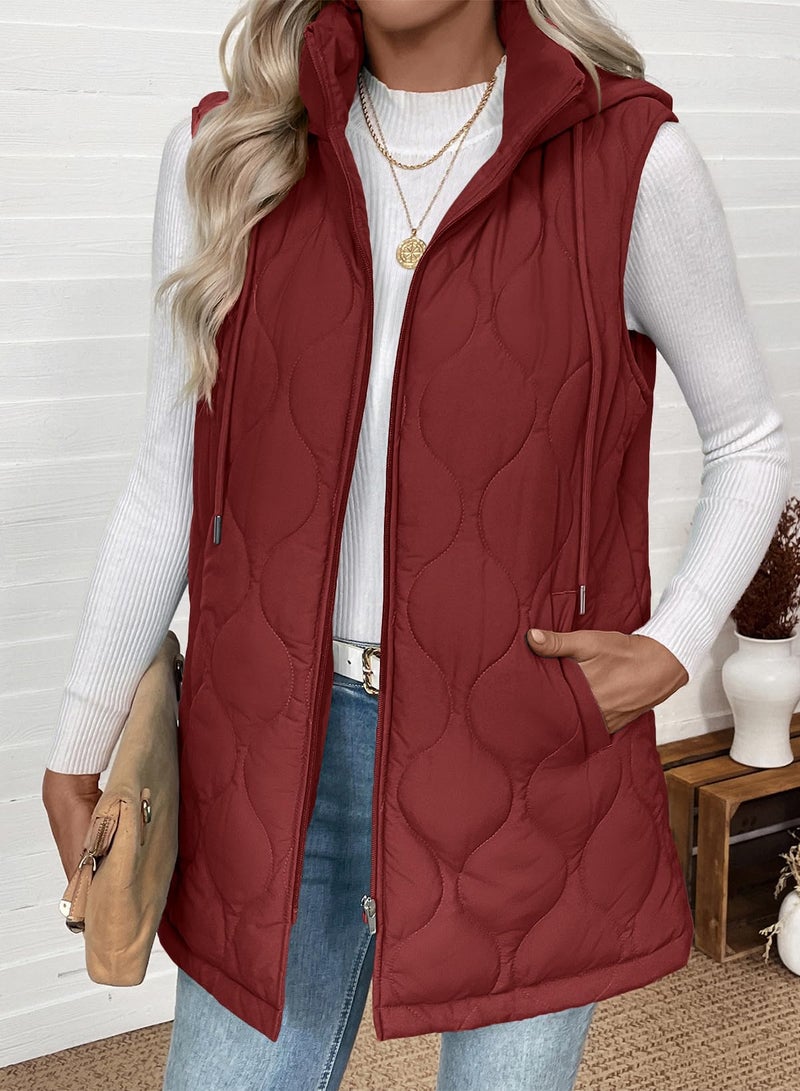 EVALESS Long Puffer Vest Women Sleeveless Hooded Puffer Jacket Casual Lightweight Quilted Jackets 2025 Fall Winter Warm Zip Up Coat Outerwear with Pockets Racing Red Medium - Image 3