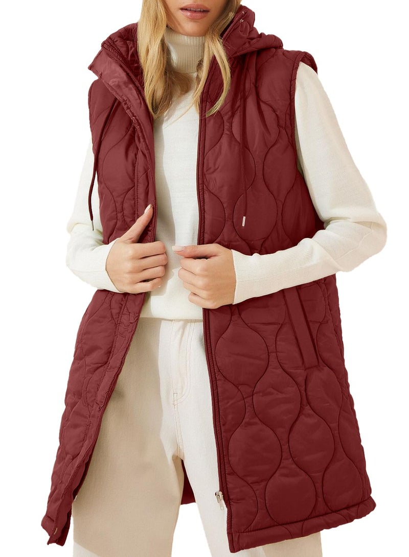 EVALESS Long Puffer Vest Women Sleeveless Hooded Puffer Jacket Casual Lightweight Quilted Jackets 2025 Fall Winter Warm Zip Up Coat Outerwear with Pockets Racing Red Medium - Image 1