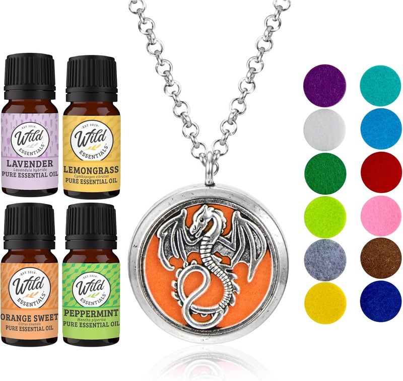 mEssentials Wild Essentials Mother of Dragons Necklace Essential Oil Diffuser Kit, Lavender, Lemongrass, Peppermint, Orange Oils 12 Refill Pads, Calming Aromatherapy Gift Set, Customizable Color Changing, Perfume 