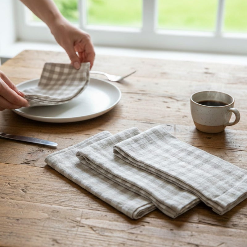 Eight Owls Linen Napkins â€“ 100% French Flax â€“ Stonewashed Pure Linen Cloth Napkins â€“ Mitered Corners â€“ Set of 4 (Natural Check) - Image 2