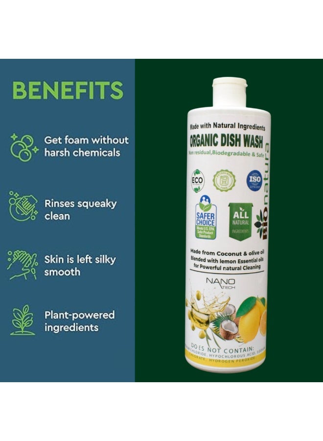 BioNatura صابون أطباق عضوي 1 لتر - برائحة الليمون | مصنوع من زيت الزيتون وزيت جوز الهند | سائل غسيل أطباق طبيعي قائم على النباتات للتنظيف اليومي - Image 4