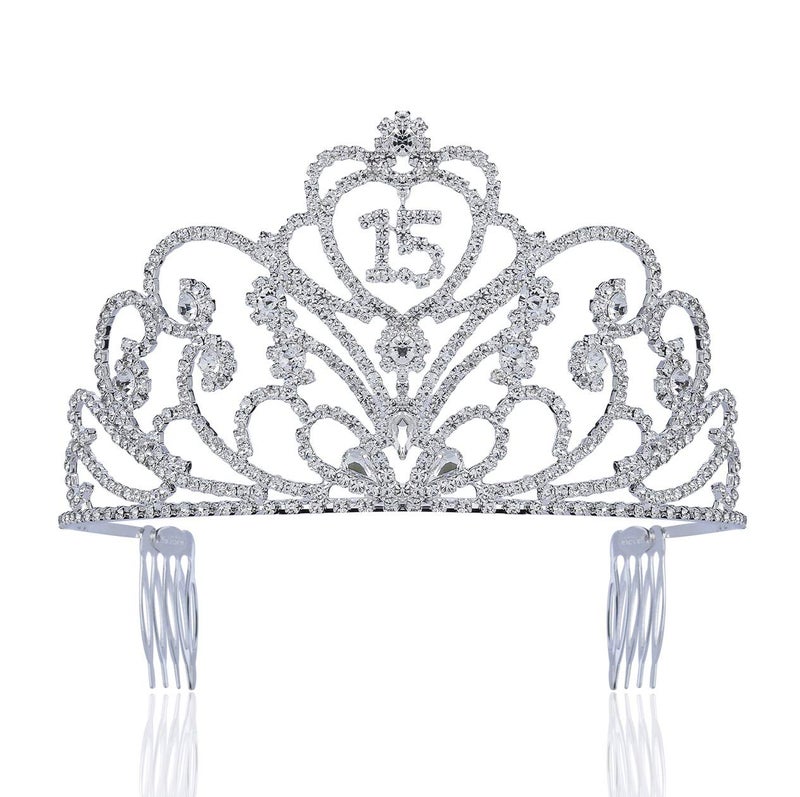 Janefashions Quinceanera Coronas de Quinceañeras Sweet 15 Fifteen 15th Birthday Party Clear White Austrian Rhinestone Crystal Princess Hair Jewelry Tiara Crown With Hair Combs T1813 Silver Plated - Image 1