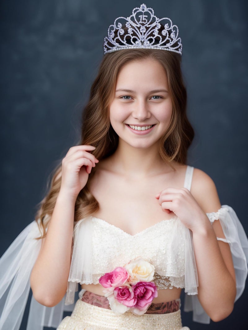 Janefashions Quinceanera Coronas de Quinceañeras Sweet 15 Fifteen 15th Birthday Party Clear White Austrian Rhinestone Crystal Princess Hair Jewelry Tiara Crown With Hair Combs T1813 Silver Plated - Image 2