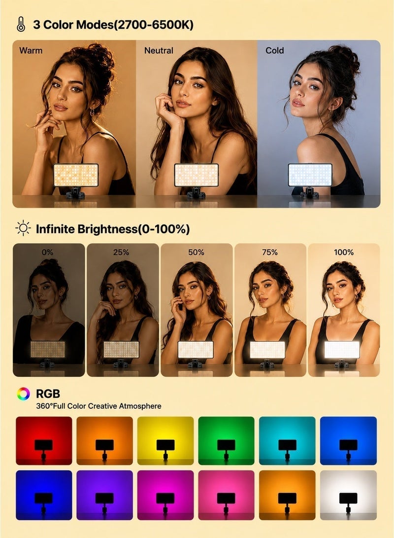 عينة مصباح سيلفي LED للهاتف مع مشبك، 96 مصباح LED و42 مصباح LED RGB، شاحن محمول، إضاءة سيلفي، إضاءة مؤتمرات الفيديو | مع مشبك ومحول حامل ثلاثي للكاميرا، قابل لإعادة الشحن 1800 مللي أمبير، مؤشر تجسيد اللون 96+، 3 أوضاع إضاءة - Image 2