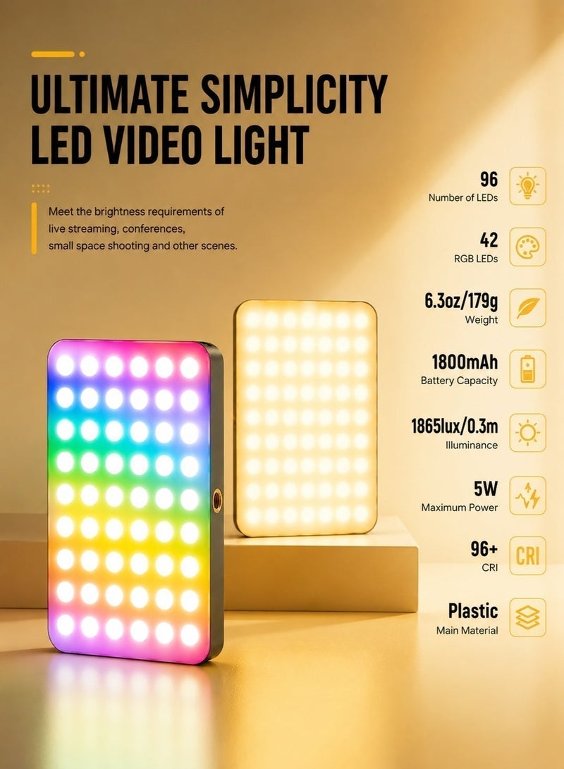 عينة مصباح سيلفي LED للهاتف مع مشبك، 96 مصباح LED و42 مصباح LED RGB، شاحن محمول، إضاءة سيلفي، إضاءة مؤتمرات الفيديو | مع مشبك ومحول حامل ثلاثي للكاميرا، قابل لإعادة الشحن 1800 مللي أمبير، مؤشر تجسيد اللون 96+، 3 أوضاع إضاءة - Image 3