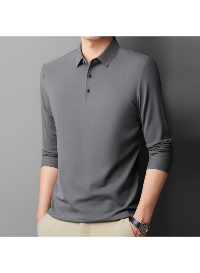 Men Pure Color Slim Fit Long Sleeve T-Shirt Flip Collar Mulberry Silk Business Top Urban Style Daily Match  - Image 1