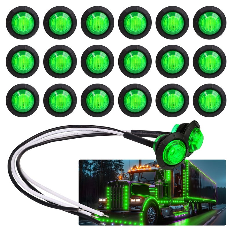 TMH 20 Pcs 34 Inch Round Green LED Small Bullet Clearance Side Marker Indicator Light Universal with Grommets for RV Pickup Bus Truck Trailer Lorry Van Caravan Boat Tow 12V DC