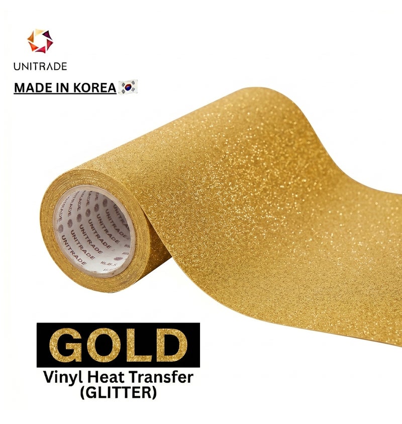 UNITRADE® Glitter Gold Heat Transfer Vinyl Roll / Compatible with Cricut, Silhouette, Professional Cutters / CPSIA Certified / Made in Korea - Image 1