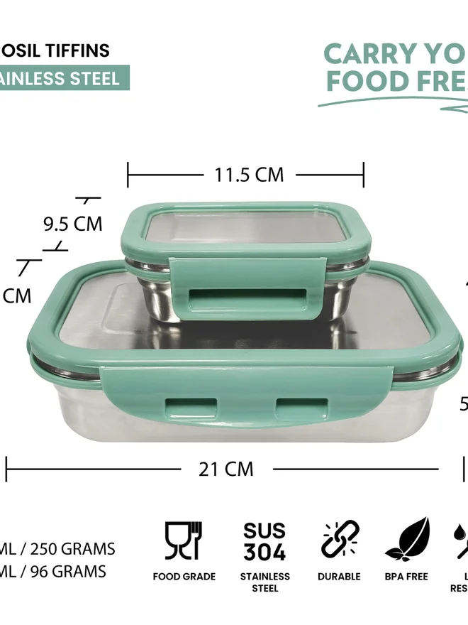 بوروسيل طقم علب غداء مستطيلة من الستانلس ستيل قطعتين ٨٠٠ مل و ٢٠٠ مل - أخضر