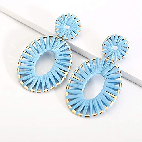 BaubleStar Kiera Raffia Tassel Fringe Rattan Hoop Drop Statement Earrings Light Blue Turquoise Tiered Thread Handmade Round Oval Cirle Dangle Fashion Jewelry for Women - Image 3
