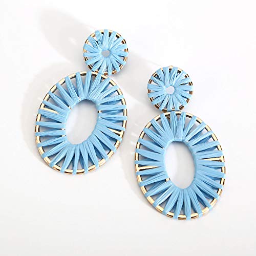 BaubleStar Kiera Raffia Tassel Fringe Rattan Hoop Drop Statement Earrings Light Blue Turquoise Tiered Thread Handmade Round Oval Cirle Dangle Fashion Jewelry for Women - Image 5