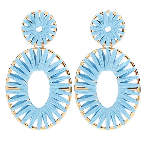 BaubleStar Kiera Raffia Tassel Fringe Rattan Hoop Drop Statement Earrings Light Blue Turquoise Tiered Thread Handmade Round Oval Cirle Dangle Fashion Jewelry for Women - Image 1