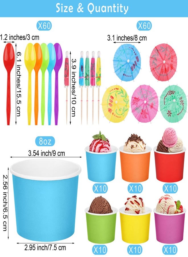 Aodaer 180 Pieces Disposable Paper Ice Cream Cups and Umbrellas Spoons 8 Ounces Paper Treat Cups Ice Cream Containers Snack Dessert Bowls for Party Supplies, 6 Colors - Image 2