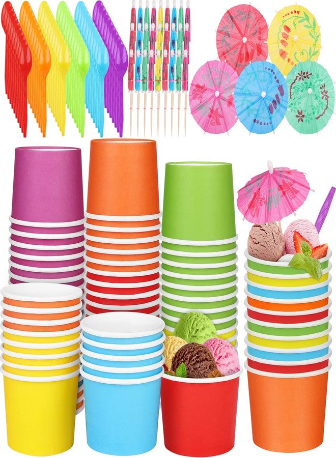 Aodaer 180 Pieces Disposable Paper Ice Cream Cups and Umbrellas Spoons 8 Ounces Paper Treat Cups Ice Cream Containers Snack Dessert Bowls for Party Supplies, 6 Colors - Image 1