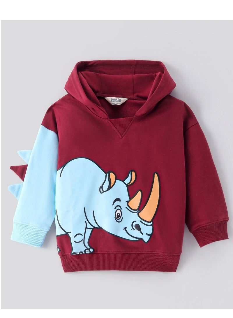 Bonfino Bonfino 100% Cotton French Terry Full Sleeves Hoodie With Rhino Print & Applique - Maroon  - Image 1