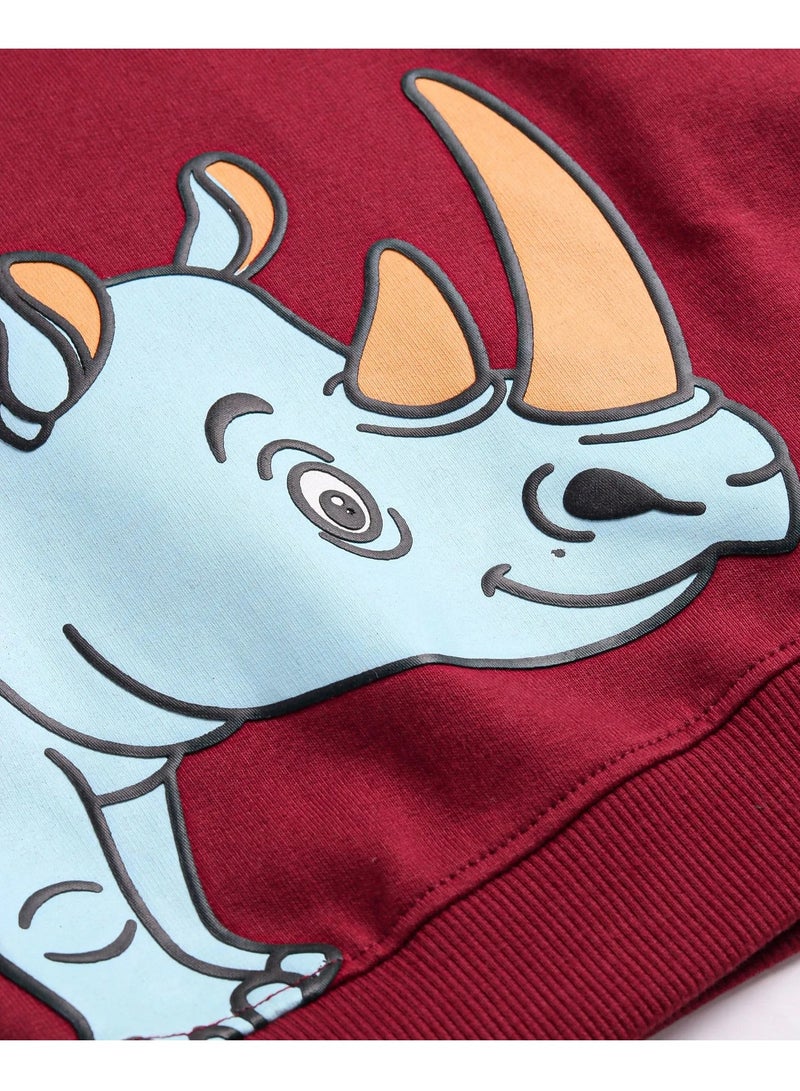 Bonfino Bonfino 100% Cotton French Terry Full Sleeves Hoodie With Rhino Print & Applique - Maroon  - Image 3