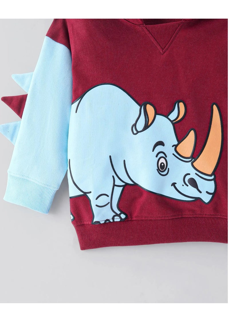 Bonfino Bonfino 100% Cotton French Terry Full Sleeves Hoodie With Rhino Print & Applique - Maroon  - Image 5