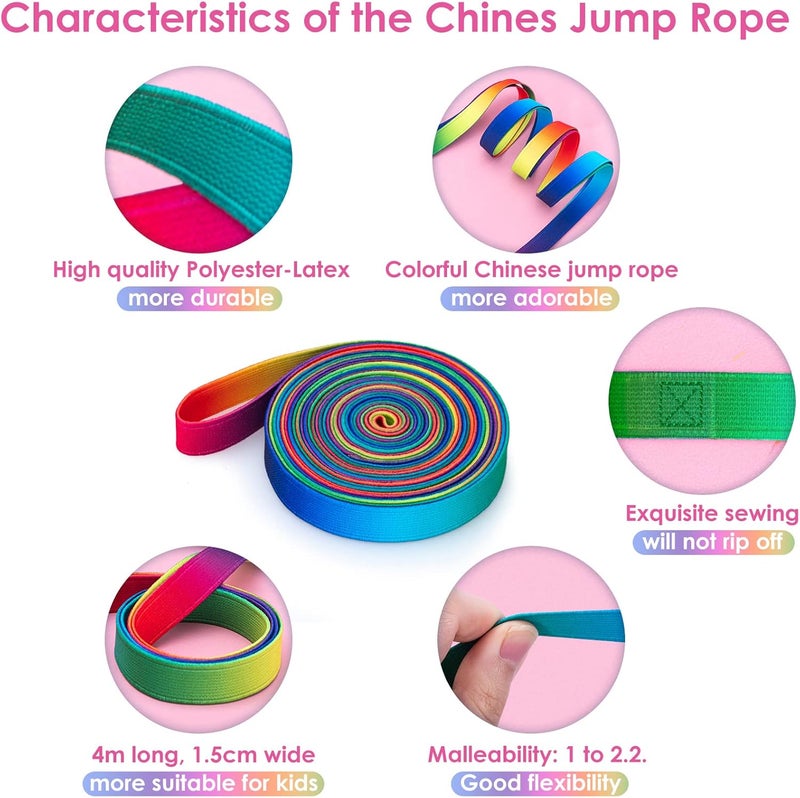 Cikyner Chinese Jump Rope, 4m Long 1.5cm Wide Elastic Chinese Ropes with Instructions French Skipping Rainbow Band for Indoor and Outdoor Children Jumpsies Games, Ideal for Gifts for Girls and Boys - Image 2